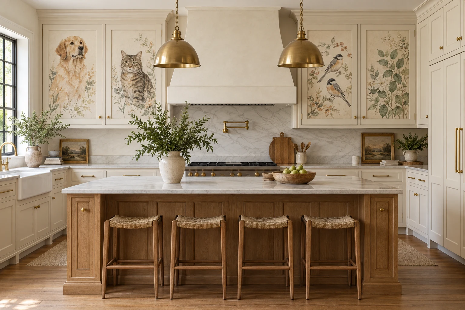 Kitchen concept with dog, cat, and bird artwork painted on cabinet doors