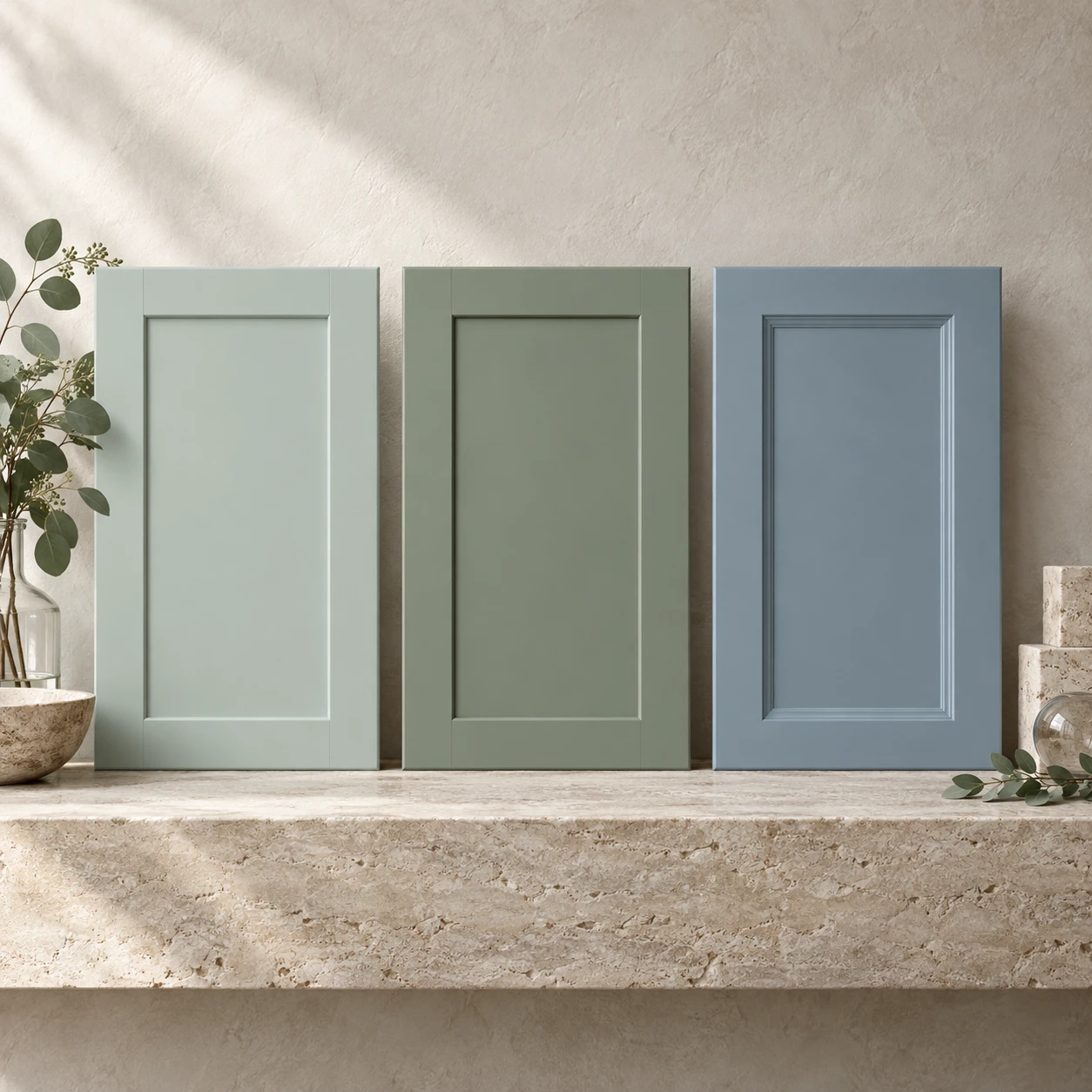 Illustrative sea glass, sage, and dusty blue cabinet doors with botanical and stone accents