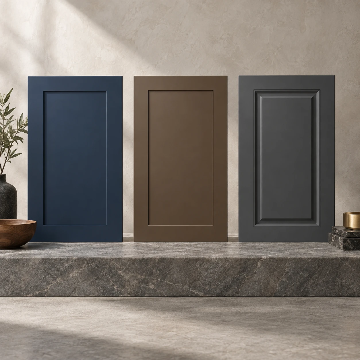 Illustrative navy, bronze-brown, and charcoal cabinet doors with walnut and brass accents