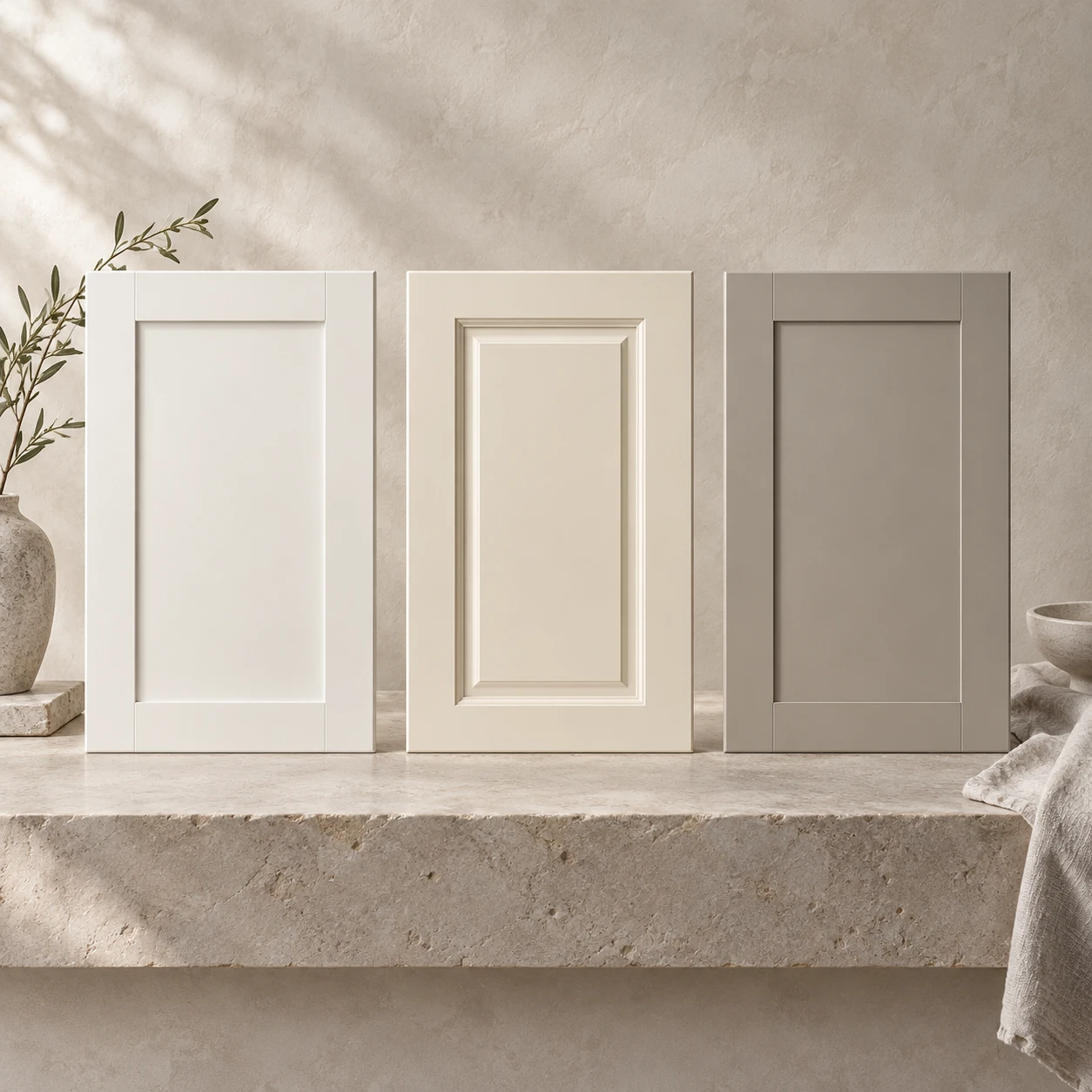 Illustrative ivory, cream, and greige cabinet doors styled with linen and pale stone