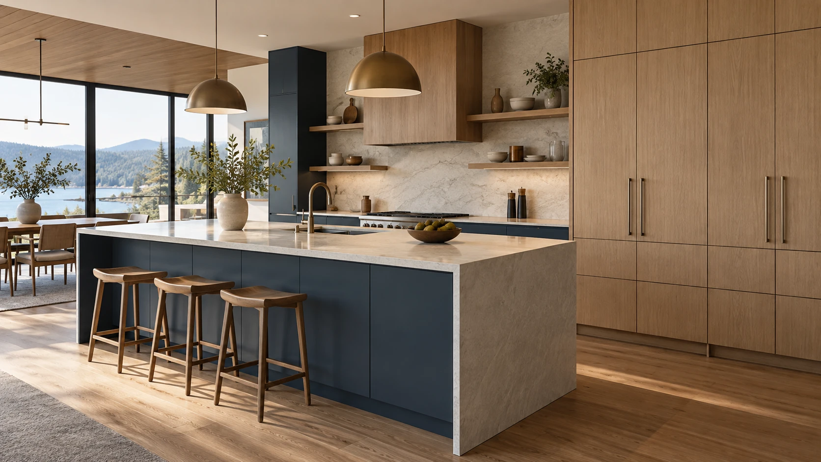 Modern kitchen concept combining oak-tone pantry cabinets with a deep blue island