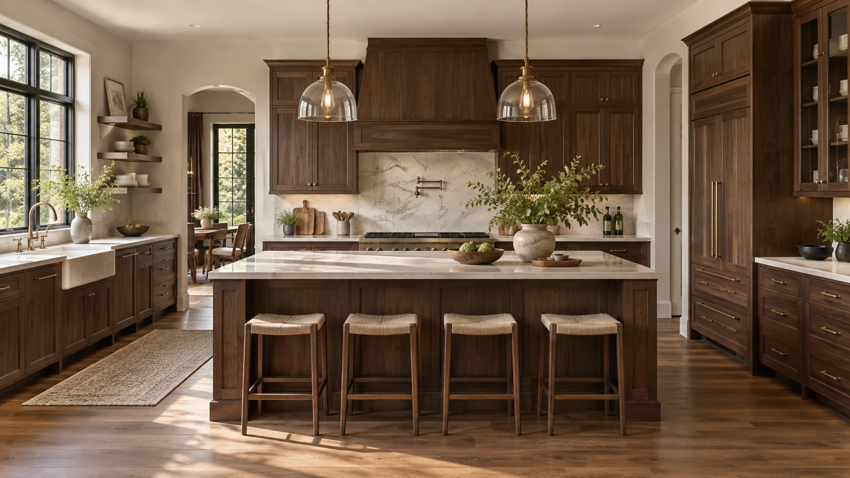 Kitchen concept with rich walnut-tone Shaker cabinets and pale stone counters