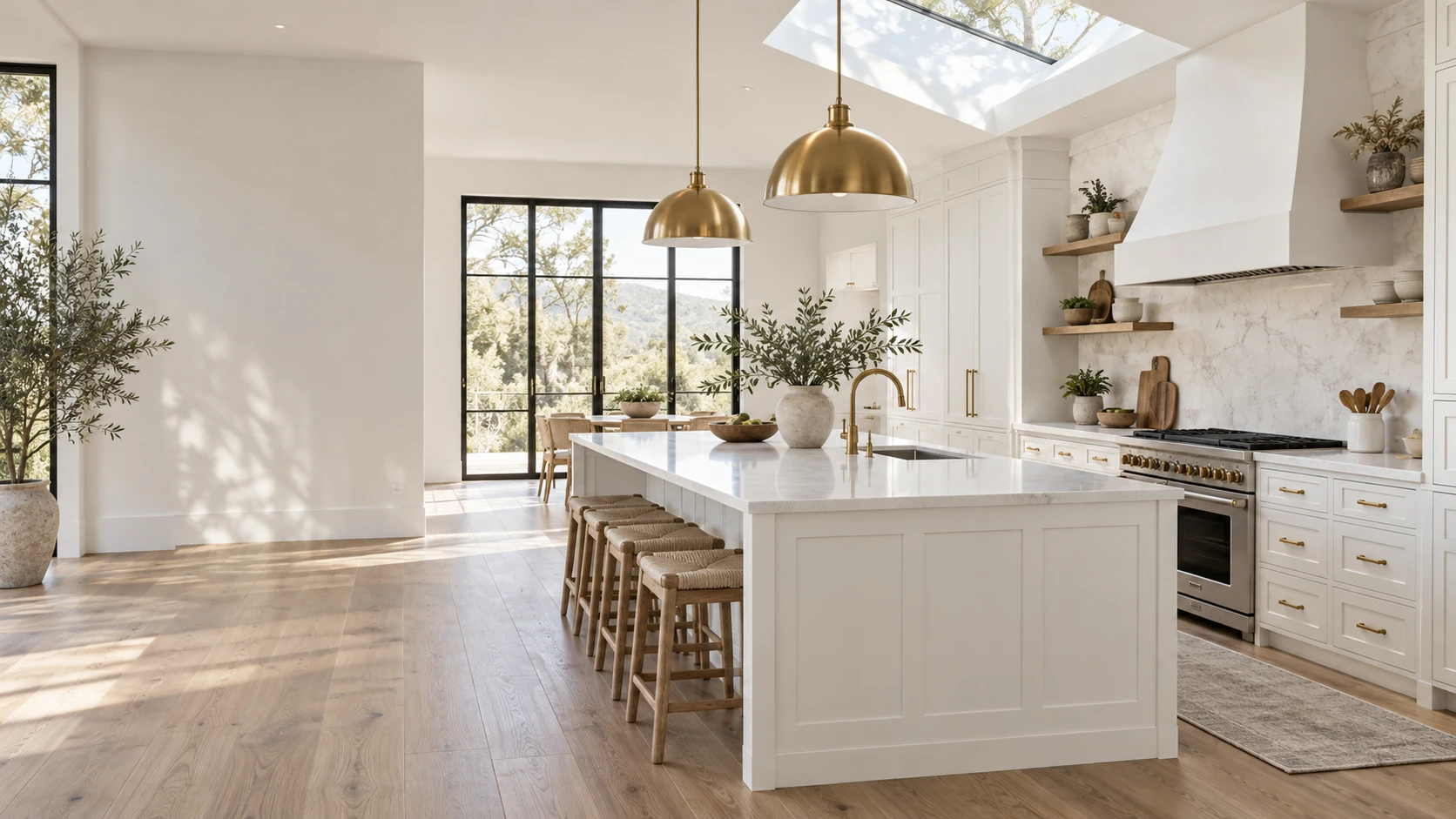 White Shaker kitchen concept with a skylight, brass pendants, and a spacious island